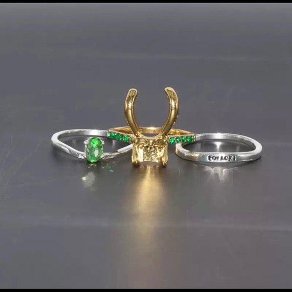Loki rings 3 pc set new green silver gold rhinestone love Loki horns - Picture 4 of 14